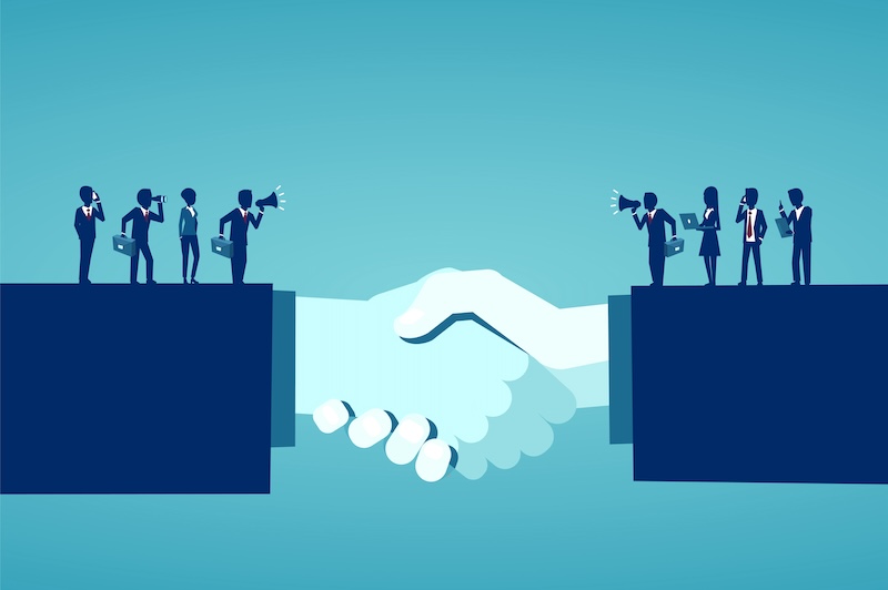 Businesss collaborations concept. Vector of businesspeople reaching an agreement after successful negotiations