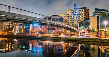 Footbridge across the Aire River in Leeds, England