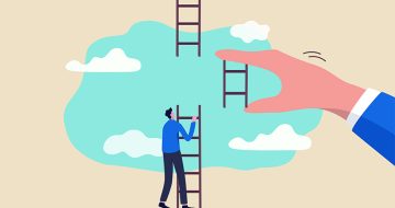 Helping hand, business support to reach career target or help to climb up ladder of success concept, businessman climbing up to top of broken ladder with huge helping hand to connect to reach higher