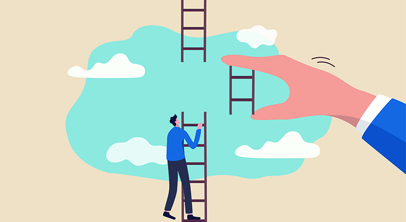 Businessman climbing up to top of broken ladder with huge helping hand to connect to reach higher